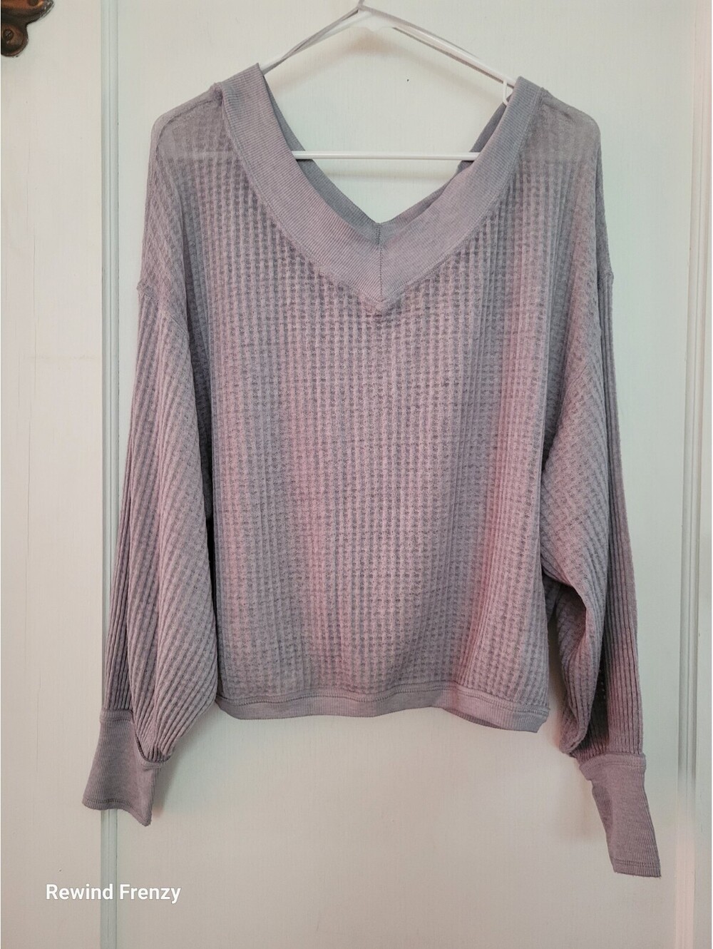 Free People We The Free Waffle Knit Thermal Top XS Gray Oversized V Neck